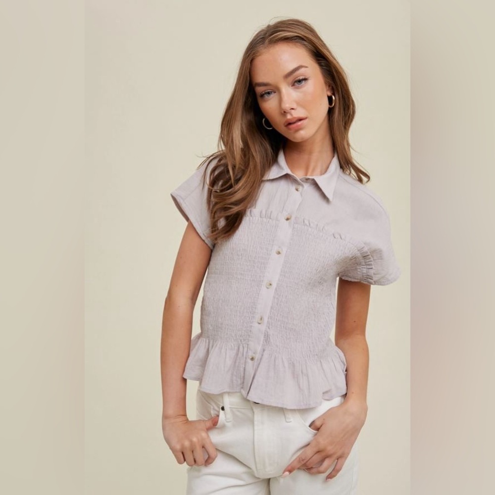 Wishlist Apparel Light Gray Smocked Button Down Blouse Shirt